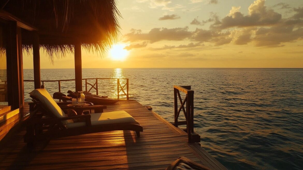 Oceanfront deck scene at a Maadhoo Maldives Luxury Villa